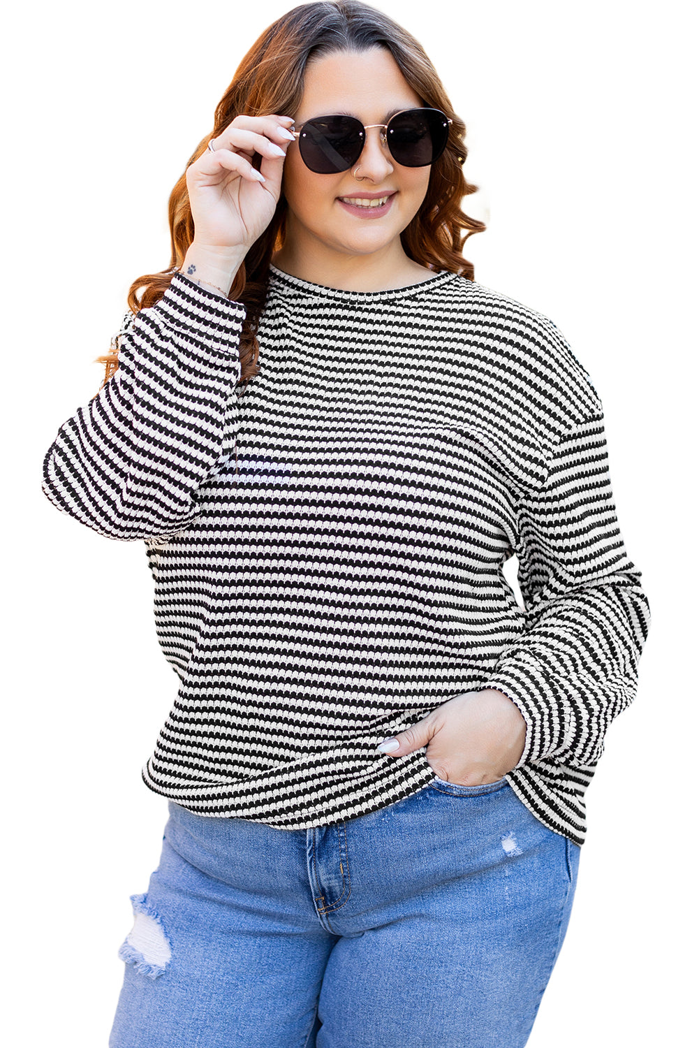 Drop Shoulder Puff Long Sleeve O Neck Plus Size T Shirt