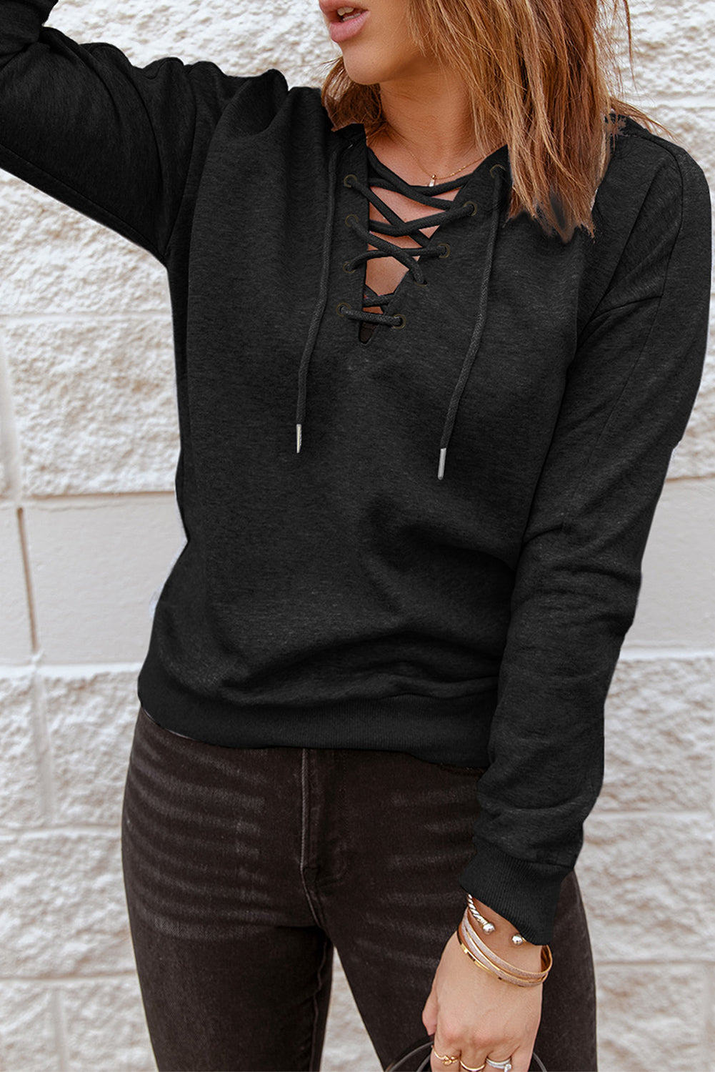 Casual Solid Color Lace-up Hoodie