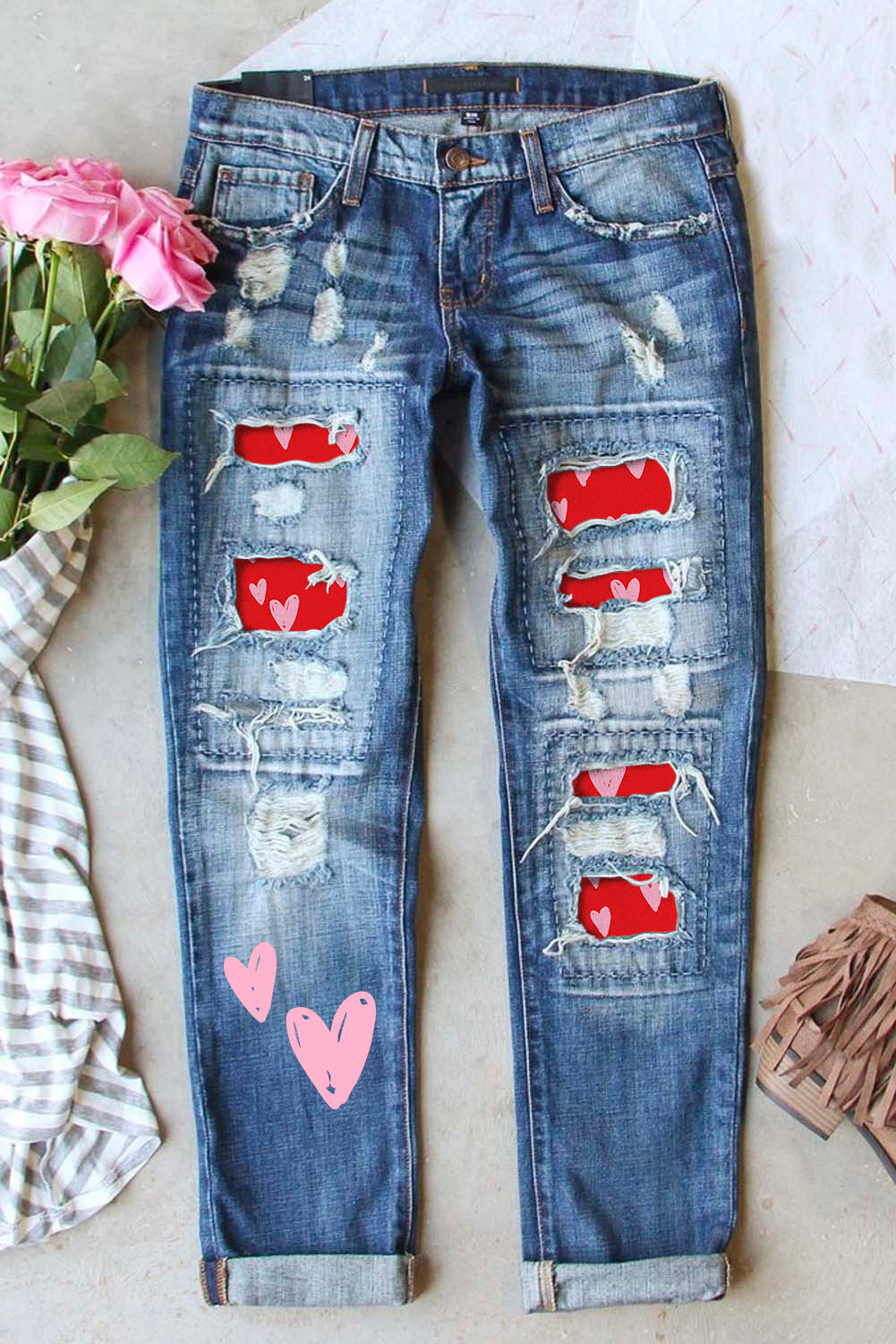 Sky Blue Heart Shaped Patchwork Straight Leg Distressed Jeans