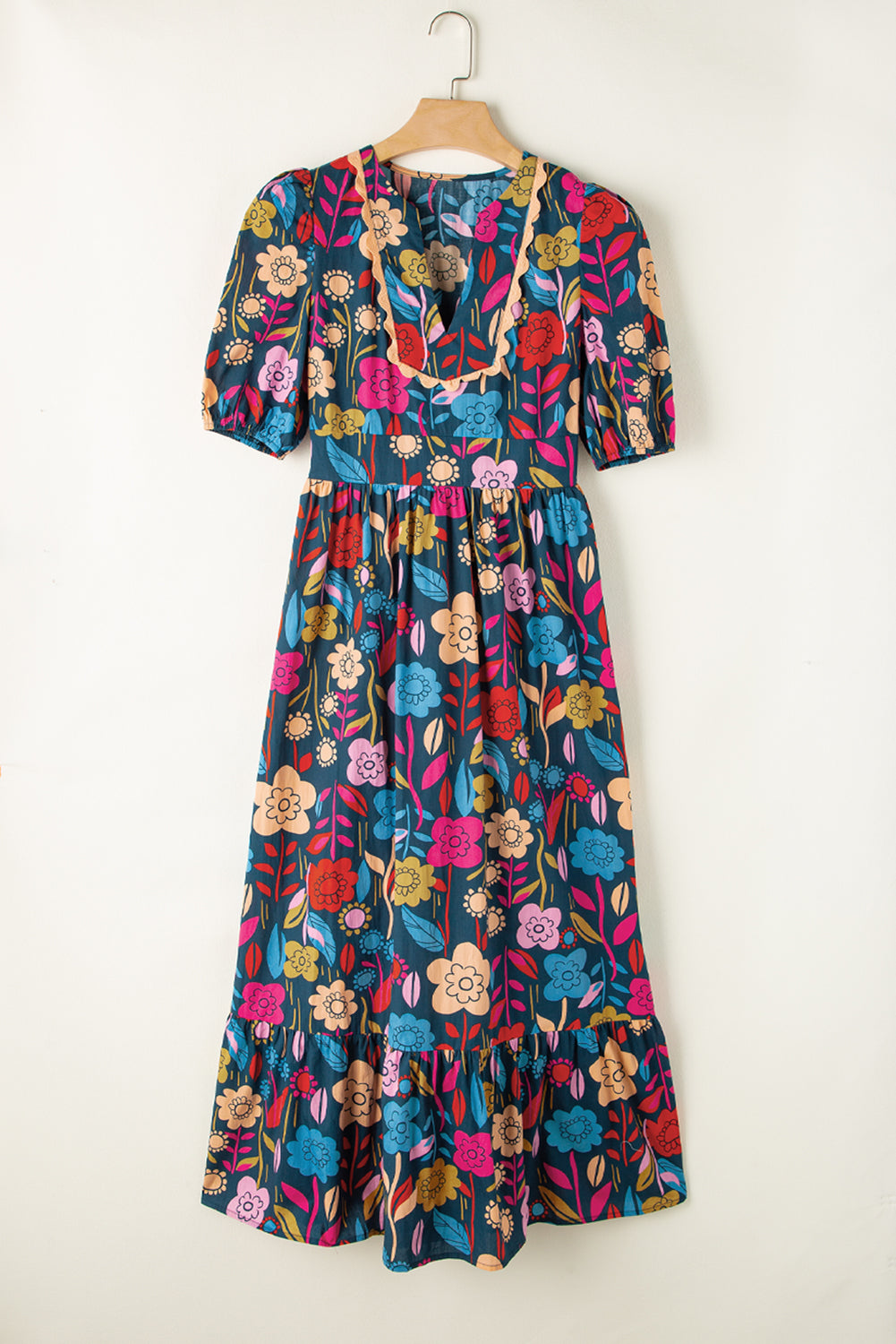 Retro Floral Printed Split Neck Maxi Dress