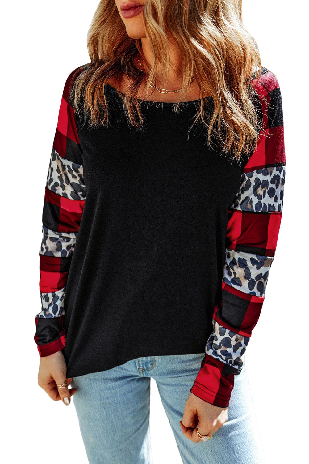 Off Shoulder Plaid&Leopard Print Long Sleeve Top