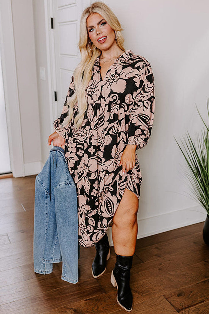 Plus Size Floral Printed Puff Sleeve Collared Maxi Dress