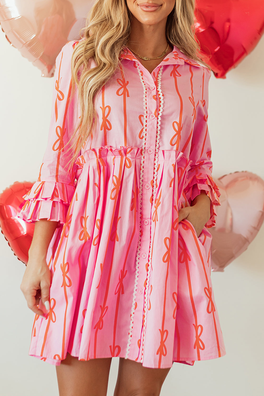 Bowknot Striped Printed Tiered Ruffled Mini Shirt Dress