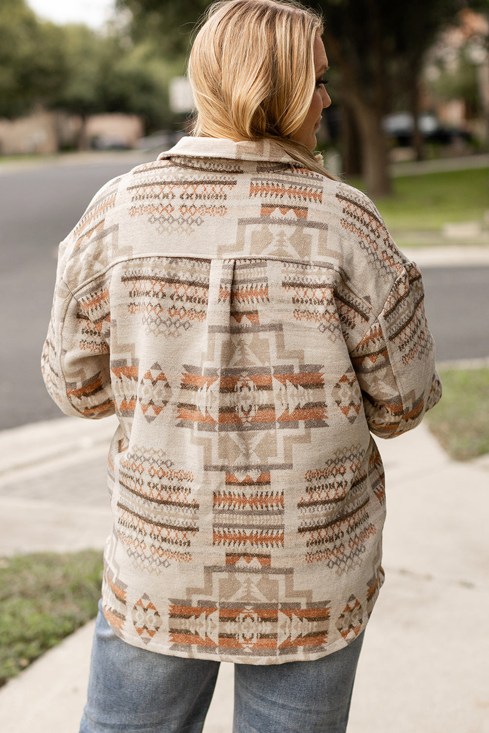 Aztec Geometric Print Pockets Plus Size Jacket