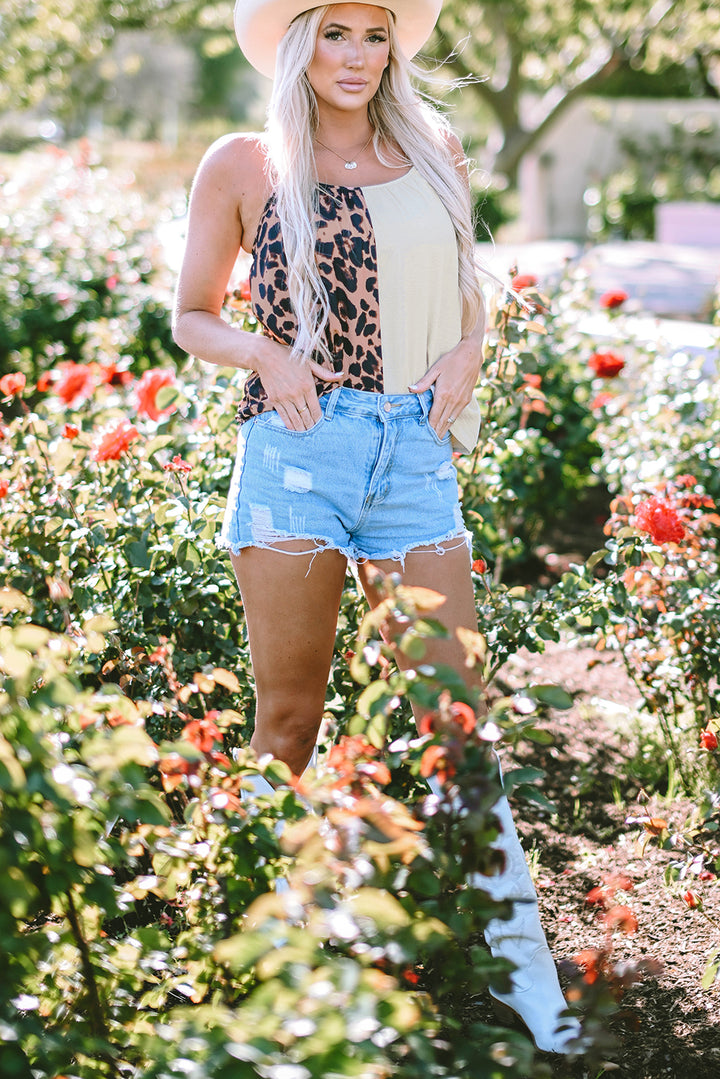 Leopard Contrast Patchwork Spaghetti Strap Tank Top