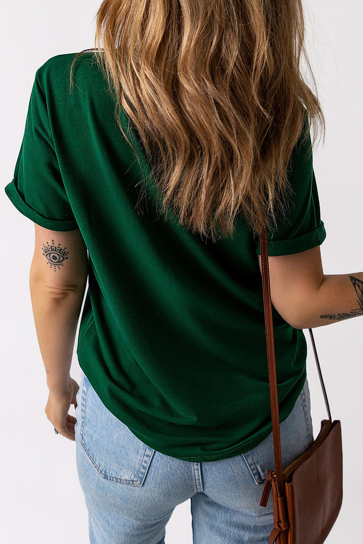 Green Solid Color Crew Neck Tee