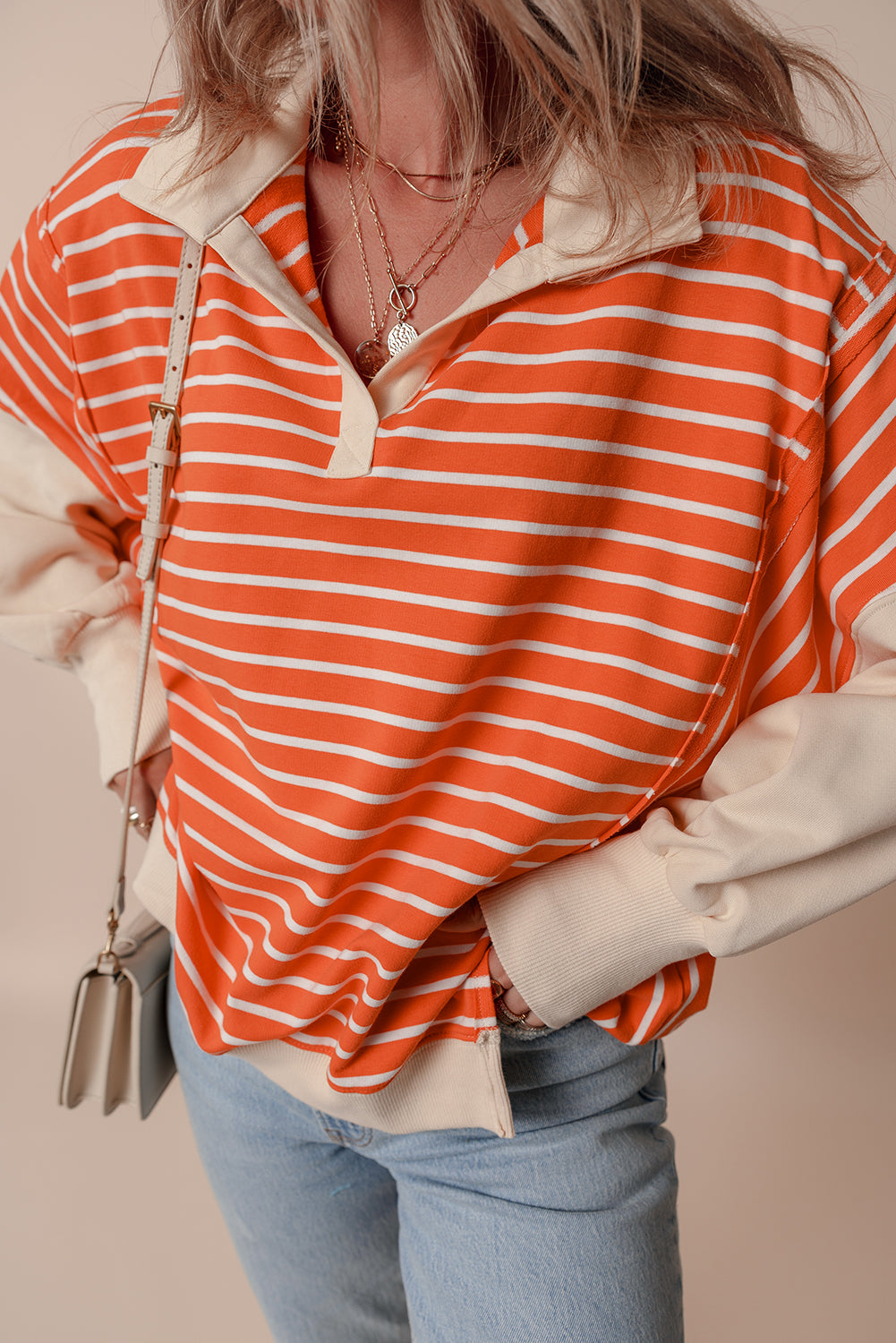 Color Block Loose Fit Collared Drop Shoulder Sweatshirt