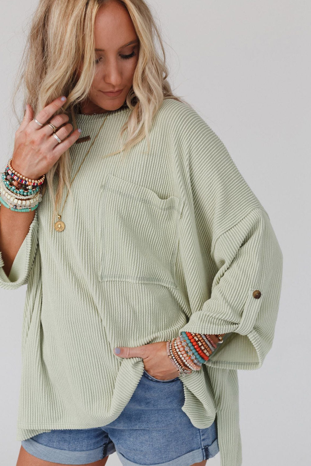 Ribbed Roll-tab Sleeve Chest Pocket Oversize Top