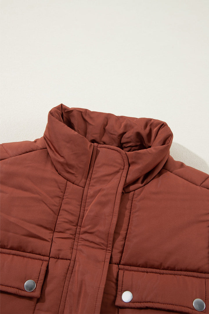 Quilted Puffer Stand Neck Zipped Mid-length Coat