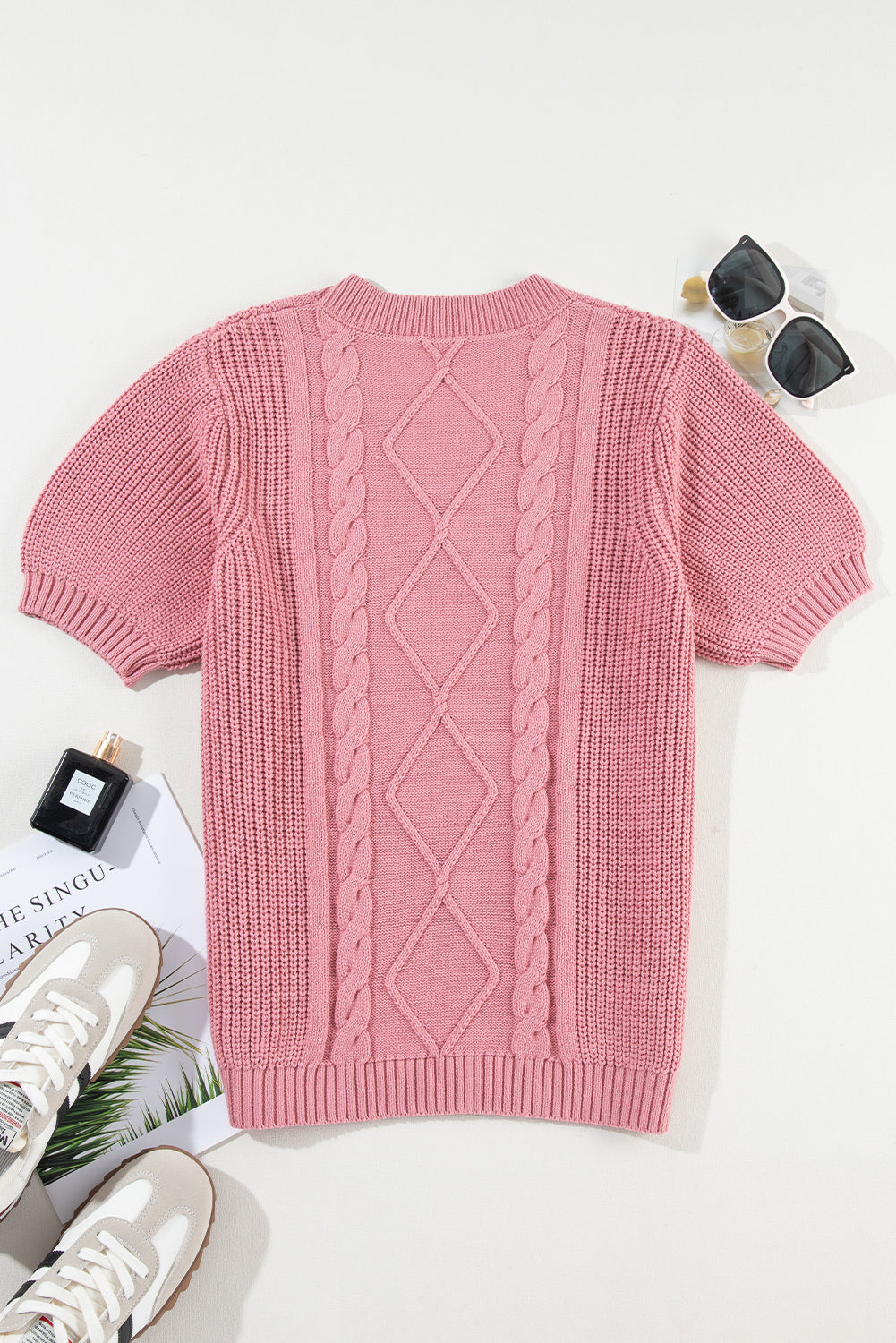 Cable Knit Mixed Textured Short Sleeve Sweater