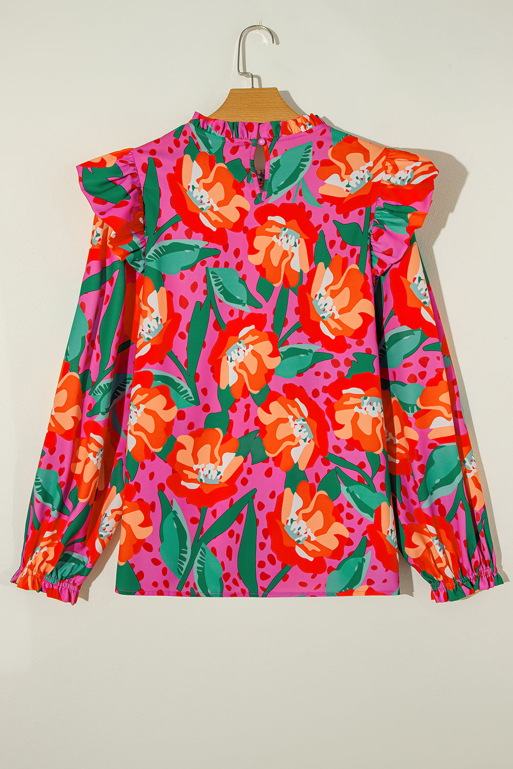 Floral Print Pleated Ruffled O Neck Plus Size Blouse