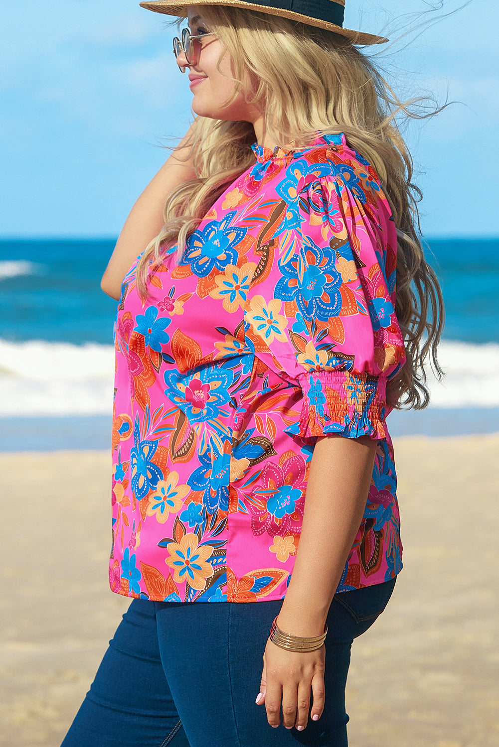 Plus Floral Print Frilly Neck Puff Sleeve Blouse