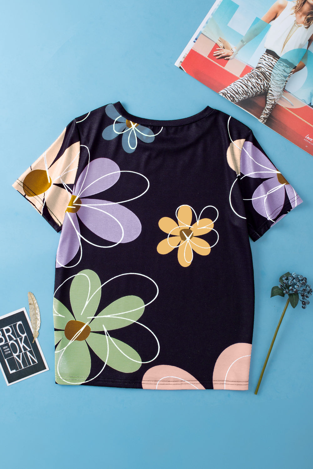 Black Summer Flower Print Casual Round Neck T Shirt