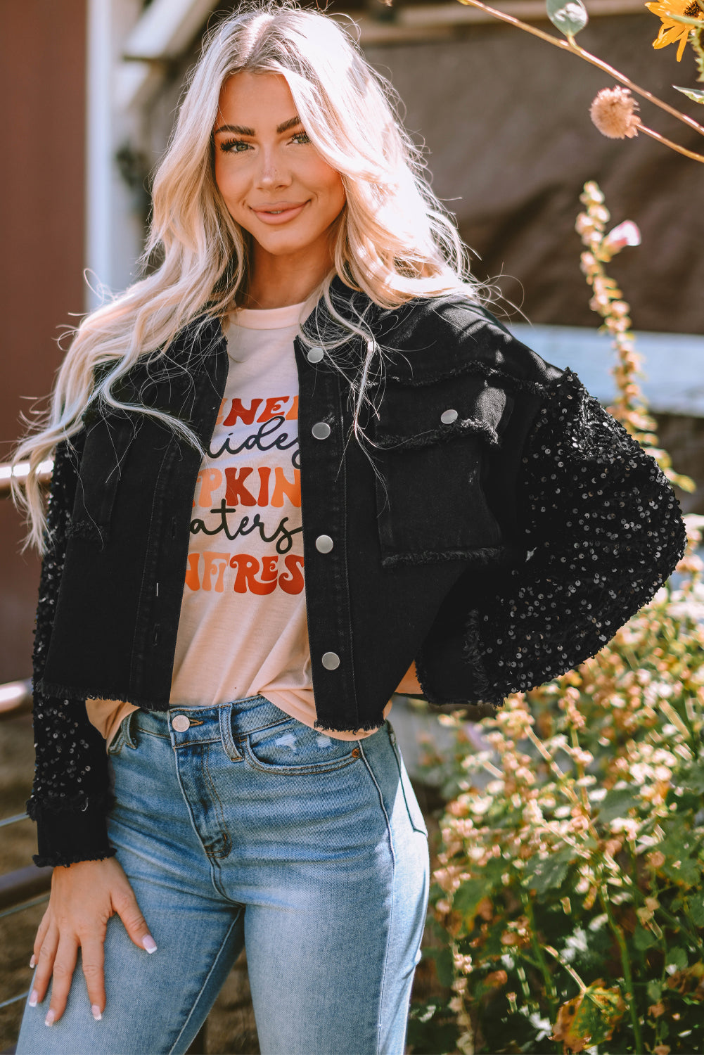 Sequin Sleeve Pocketed Raw Hem Denim Jacket