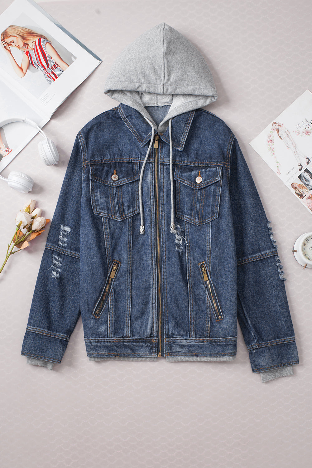 Hooded Zip-Up Denim Jacket