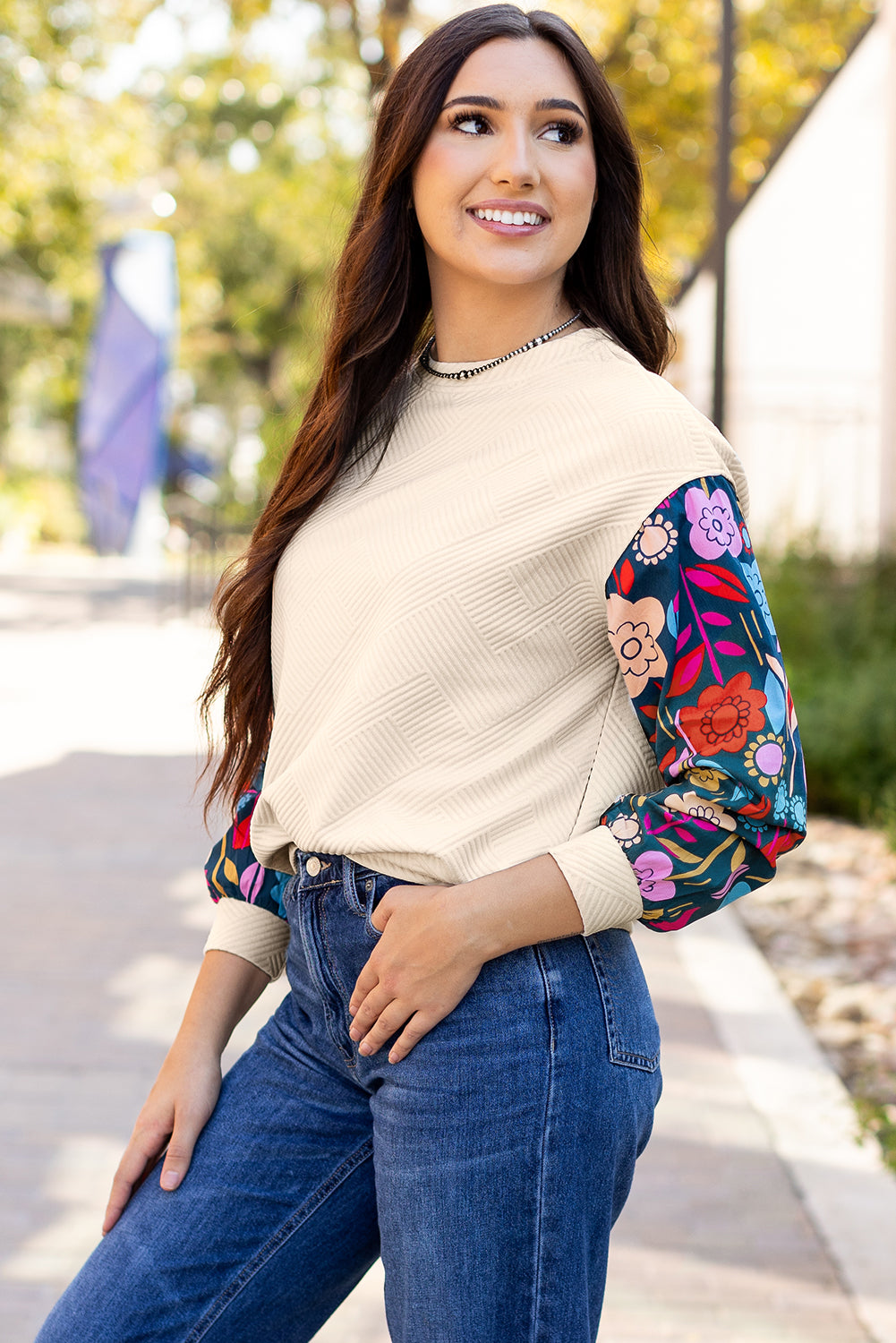 Contrast Floral Sleeve Textured Drop Shoulder Knit Top