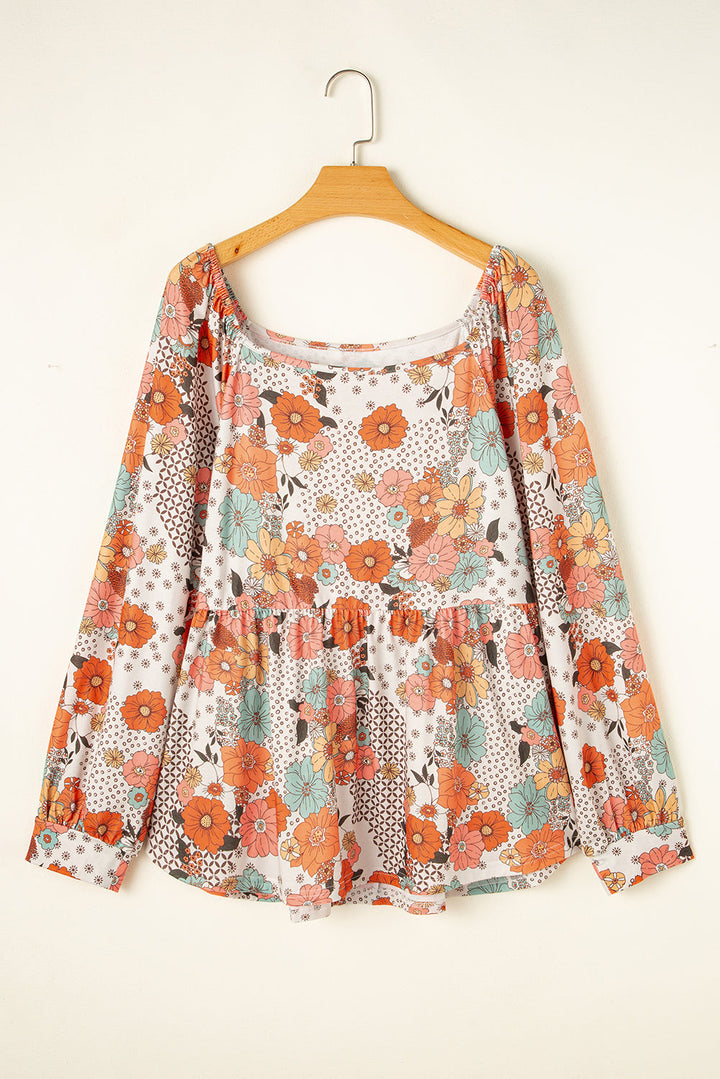 Plus Size Flower Print Square Neck Peplum Blouse