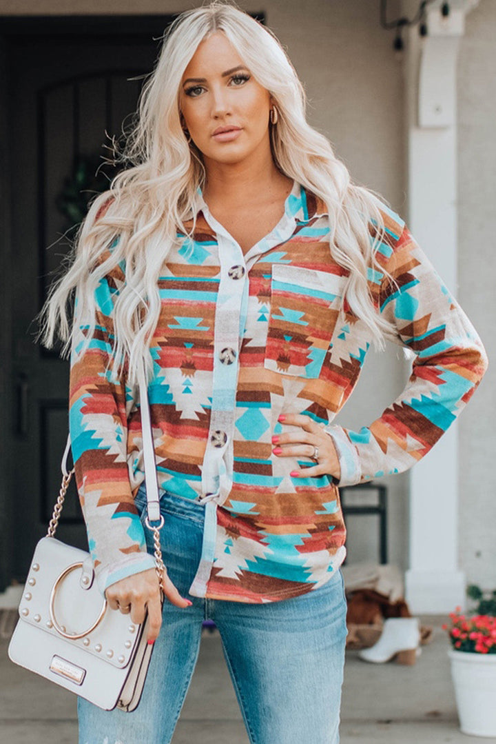 Aztec Print Buttoned Pocket Chest Long Sleeve Shirt