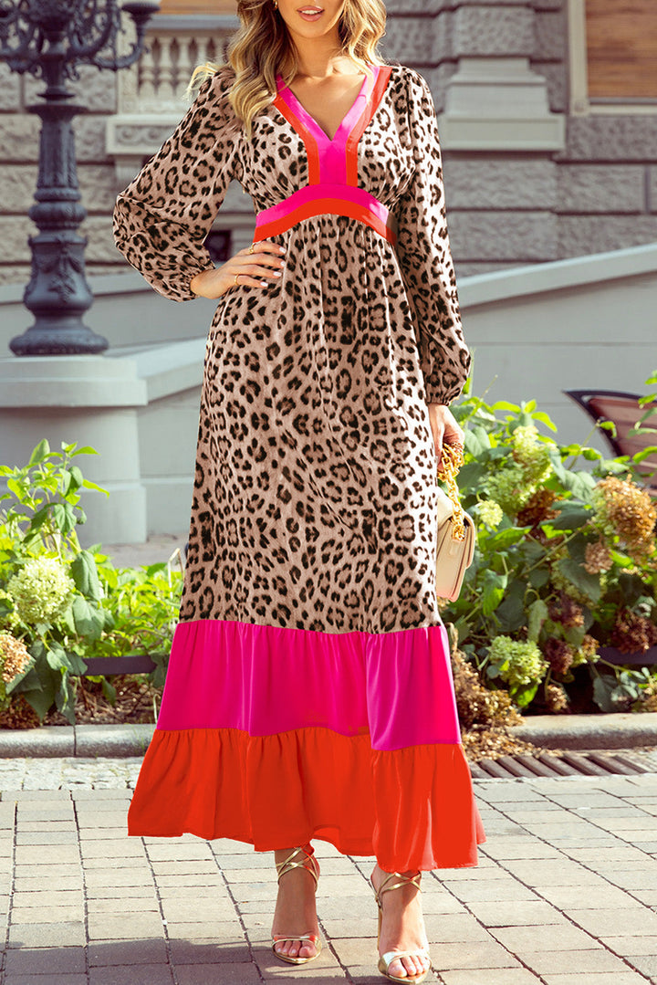 Leopard Color Block V Neck Loose Fit Maxi Dress