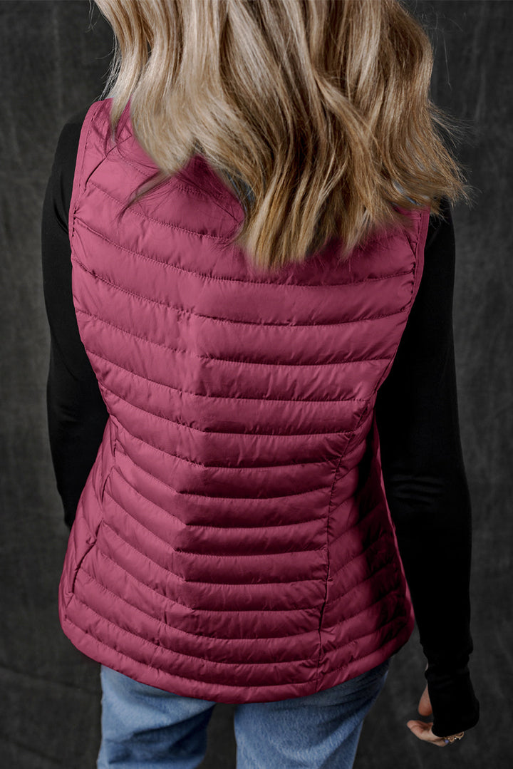 Plush Collared Quilted Zipped Puffer Vest