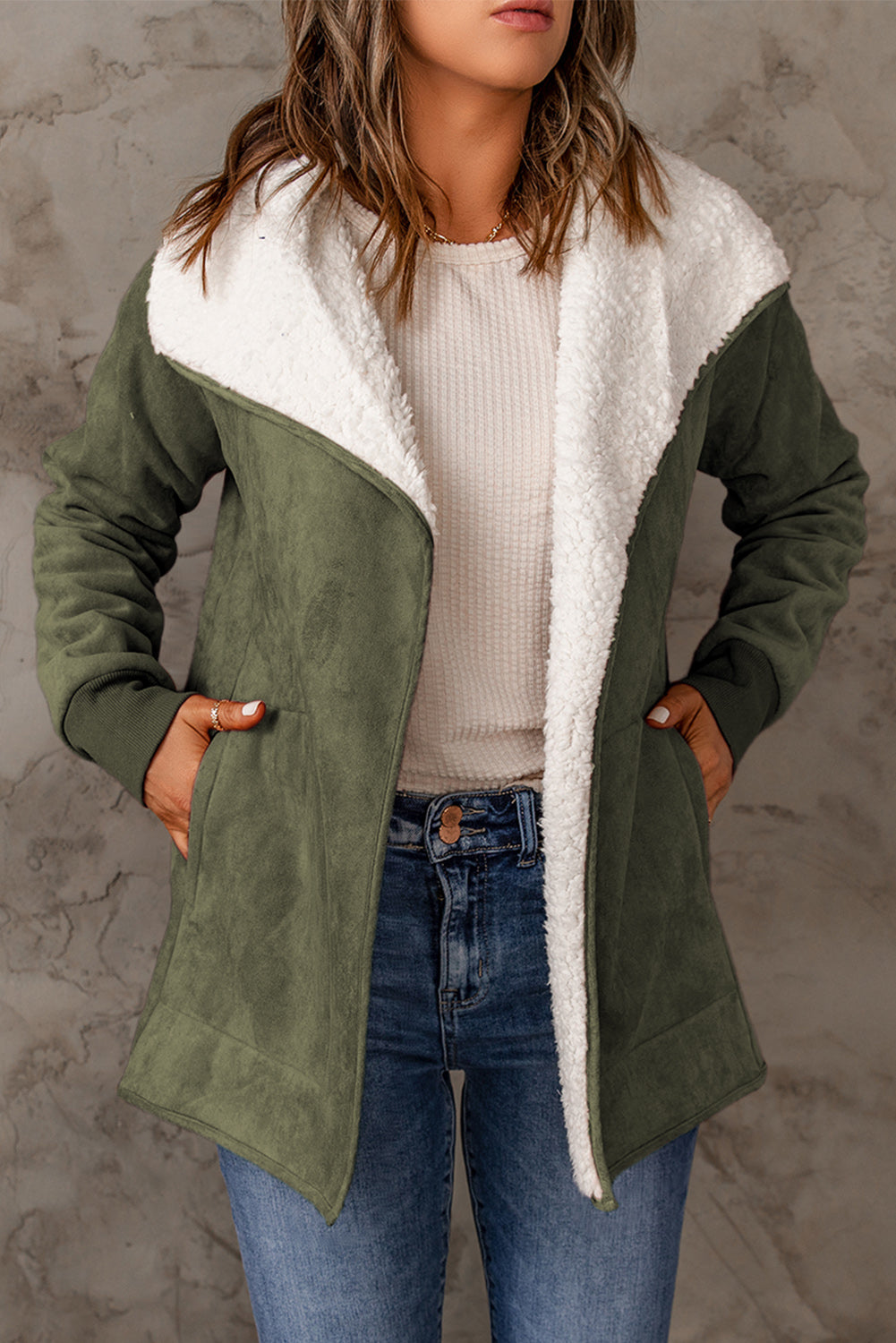 Faux Suede Fleece Lined Open Front Jacket