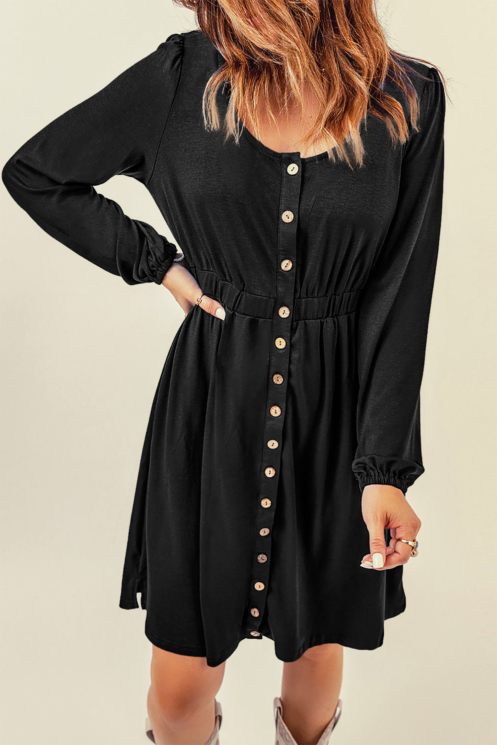 Button Up High Waist Long Sleeve Dress