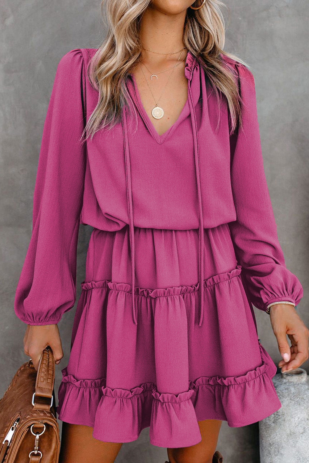 V Neck Long Sleeve Ruffle Tiered Mini Dress