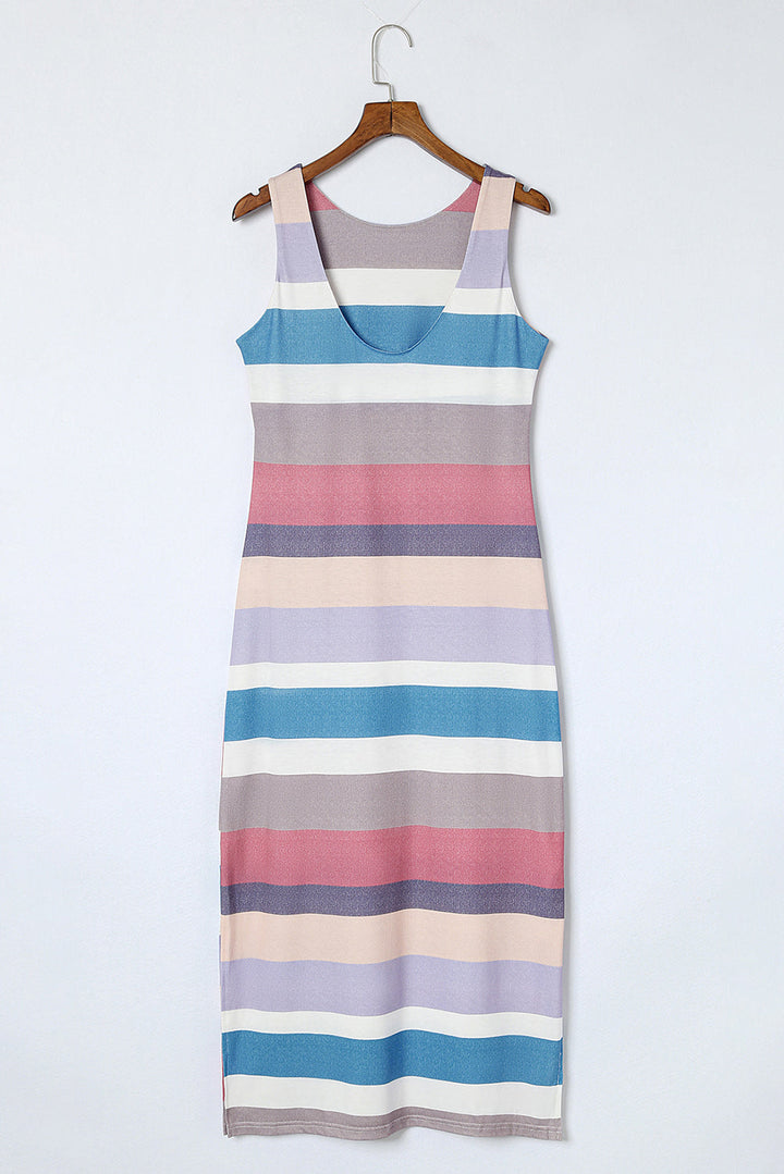 Stripe Print Slit Maxi Tank Top Dress