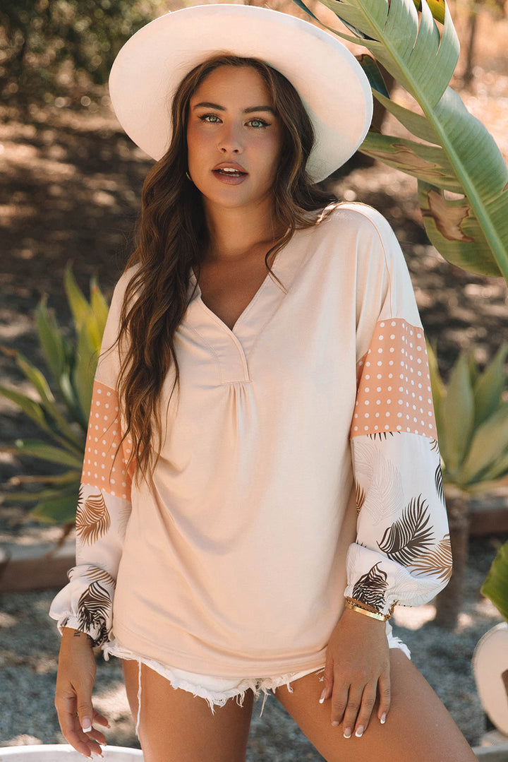 Palm Leaves Polka Dot Puff Sleeve Patchwork V Neck Loose Blouse