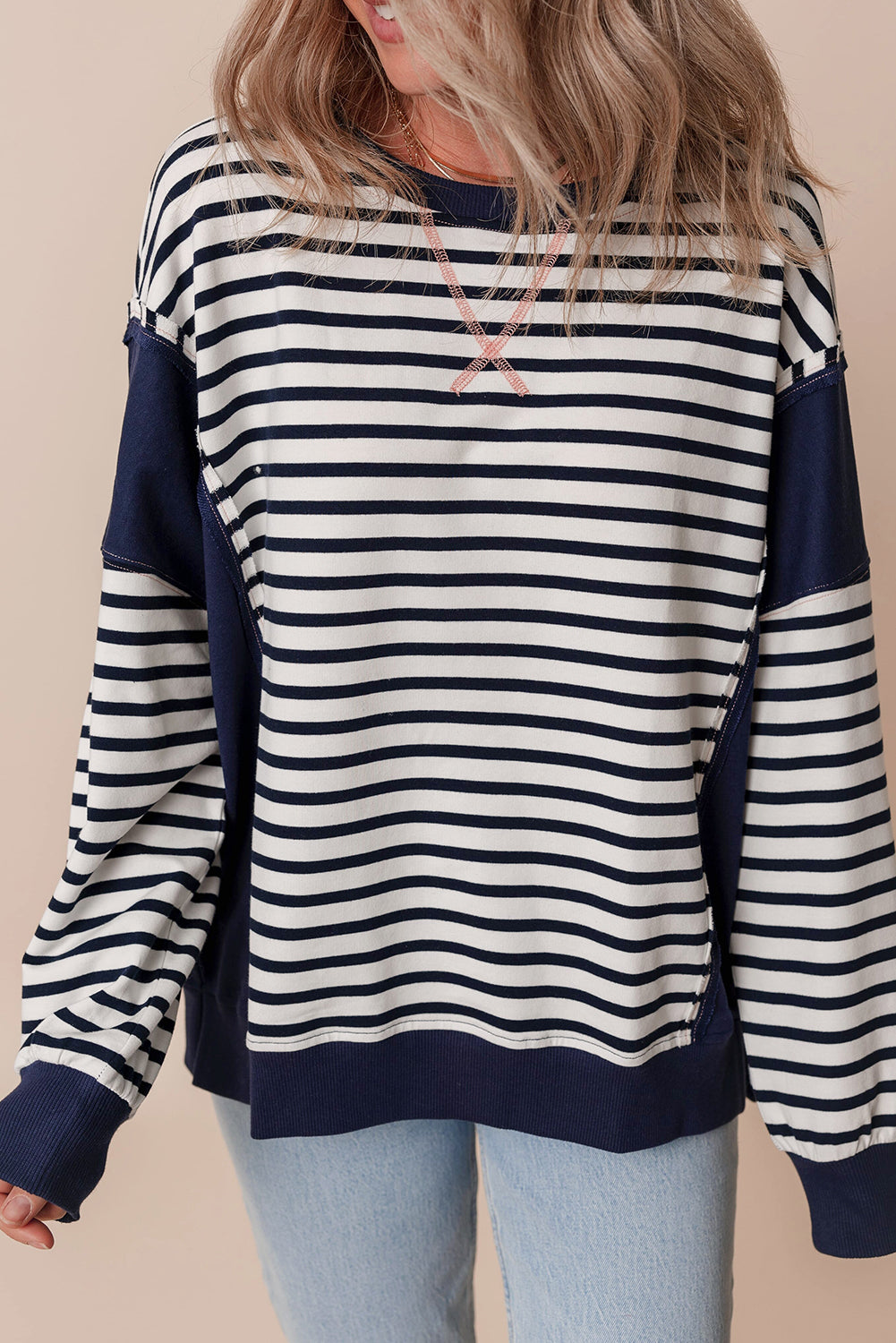 Color Block Exposed Seam Loose Fit Sweatshirt