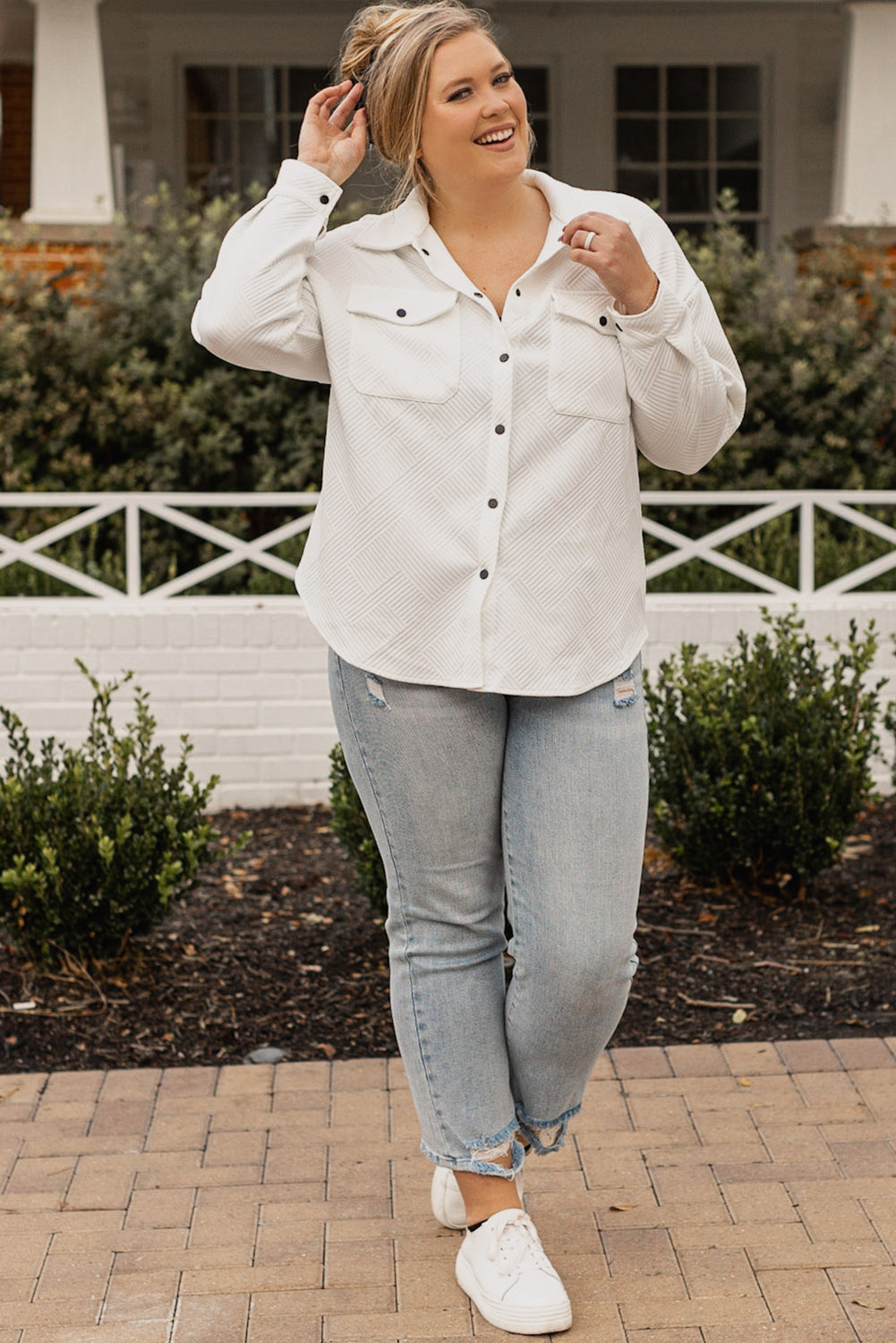 Plus Size Textured Flap Pockets Jacket