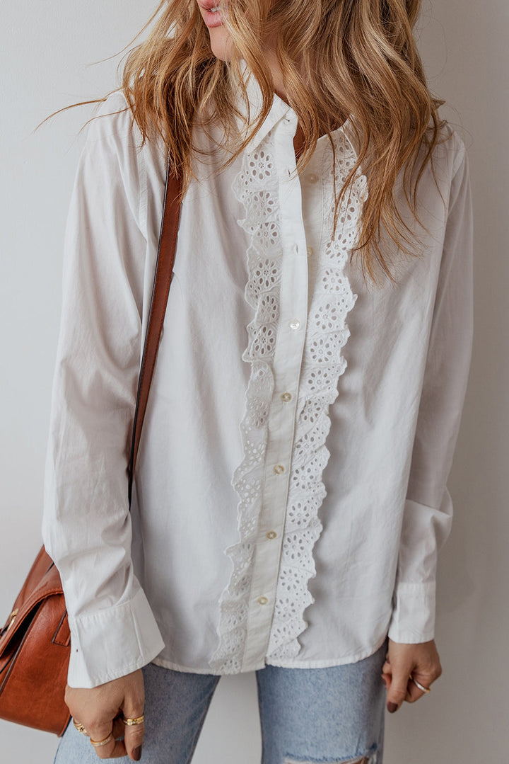 Lace Crochet Trim Turn Down Collar Buttoned Shirt