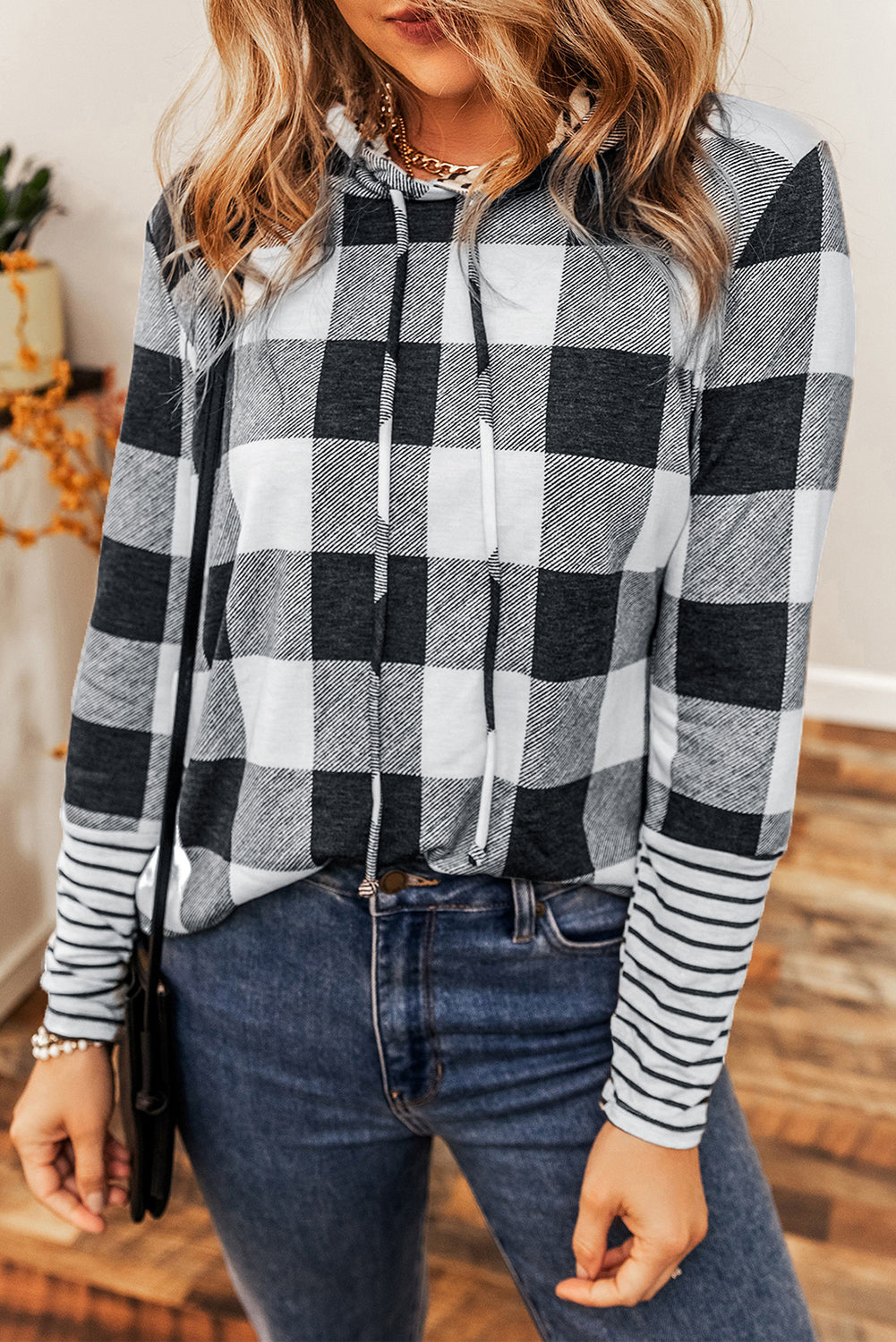 Plaid Striped Patchwork Drawstring Hoodie