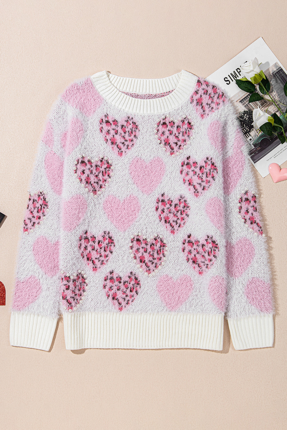 Heart Leopard Print Pearled Ribbed Trim Fuzzy Sweater