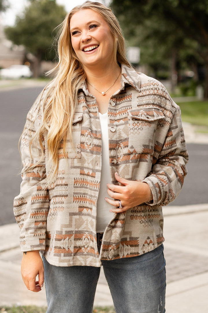 Aztec Geometric Print Pockets Plus Size Jacket