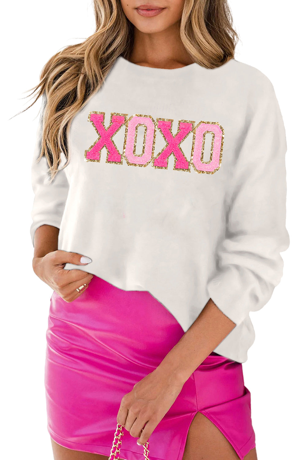 XOXO Glitter Print Round Neck Casual Sweater