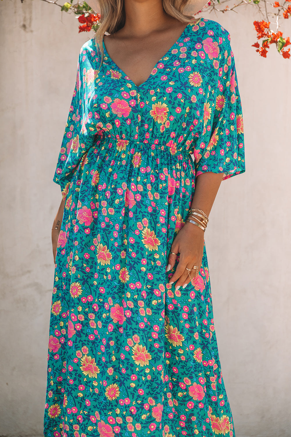 Green Boho Deep V Neck Floral Maxi Dress