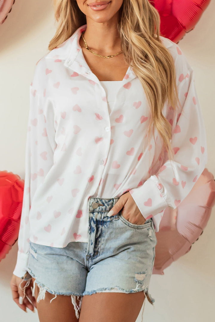 Love Heart Print Drop Shoulder Puff Sleeve Shirt