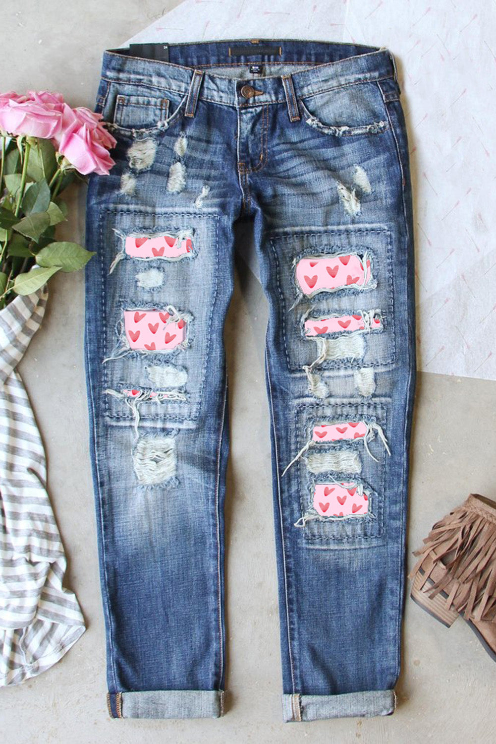 Sky Blue Valentines Day Heart Patchwork Jeans