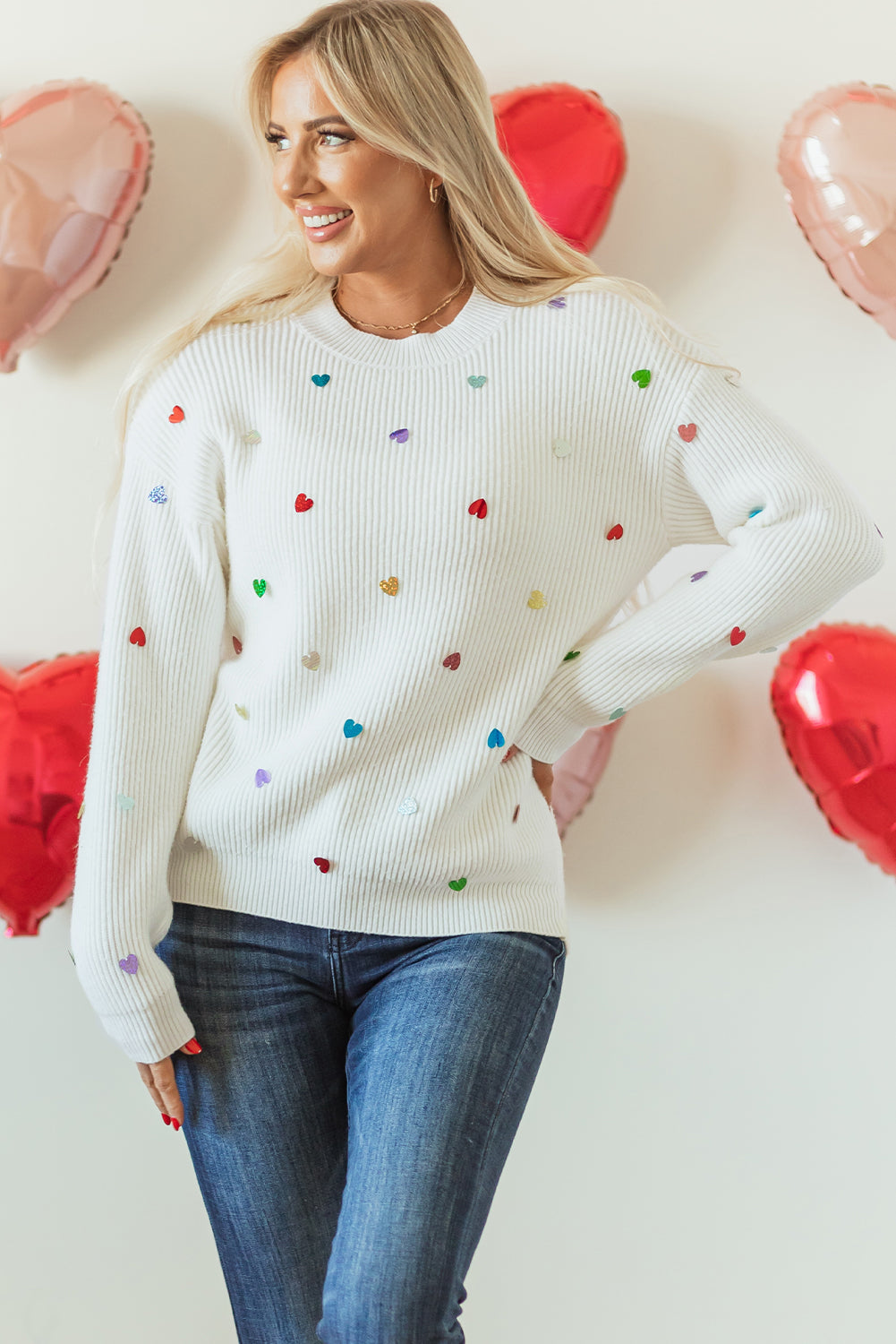 Sequin Heart Shape Waffle Knit Round Neck Sweater