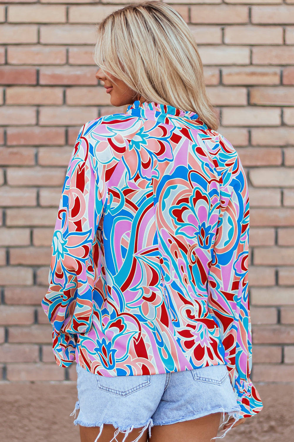 Abstract Print Frilly Neck Ruffled Sleeve Blouse