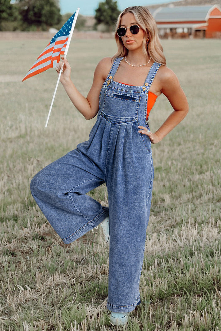 Mineral Wash Buttoned Straps Wide Leg Denim Overalls