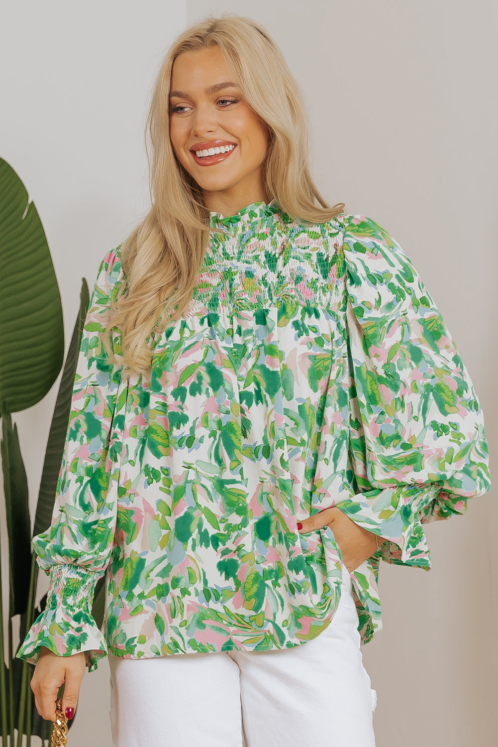 Leafy Printed Flounce Sleeve Shirred Mock Neck Blouse