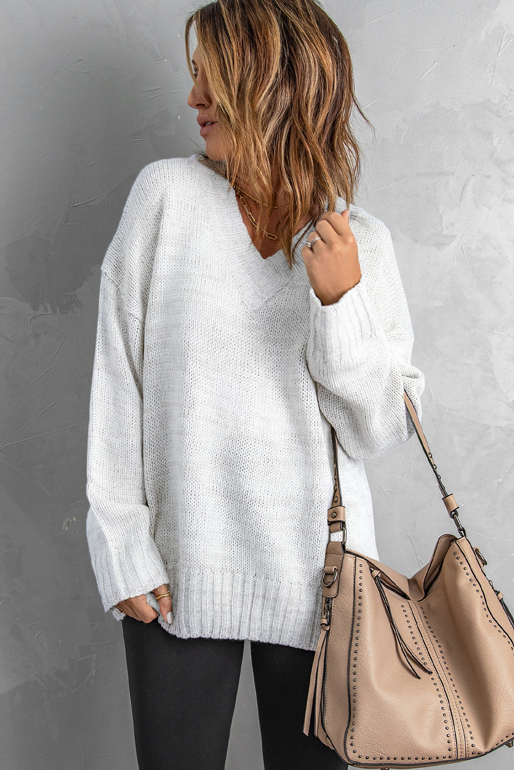 V neck Drop Shoulder Knitted Sweater