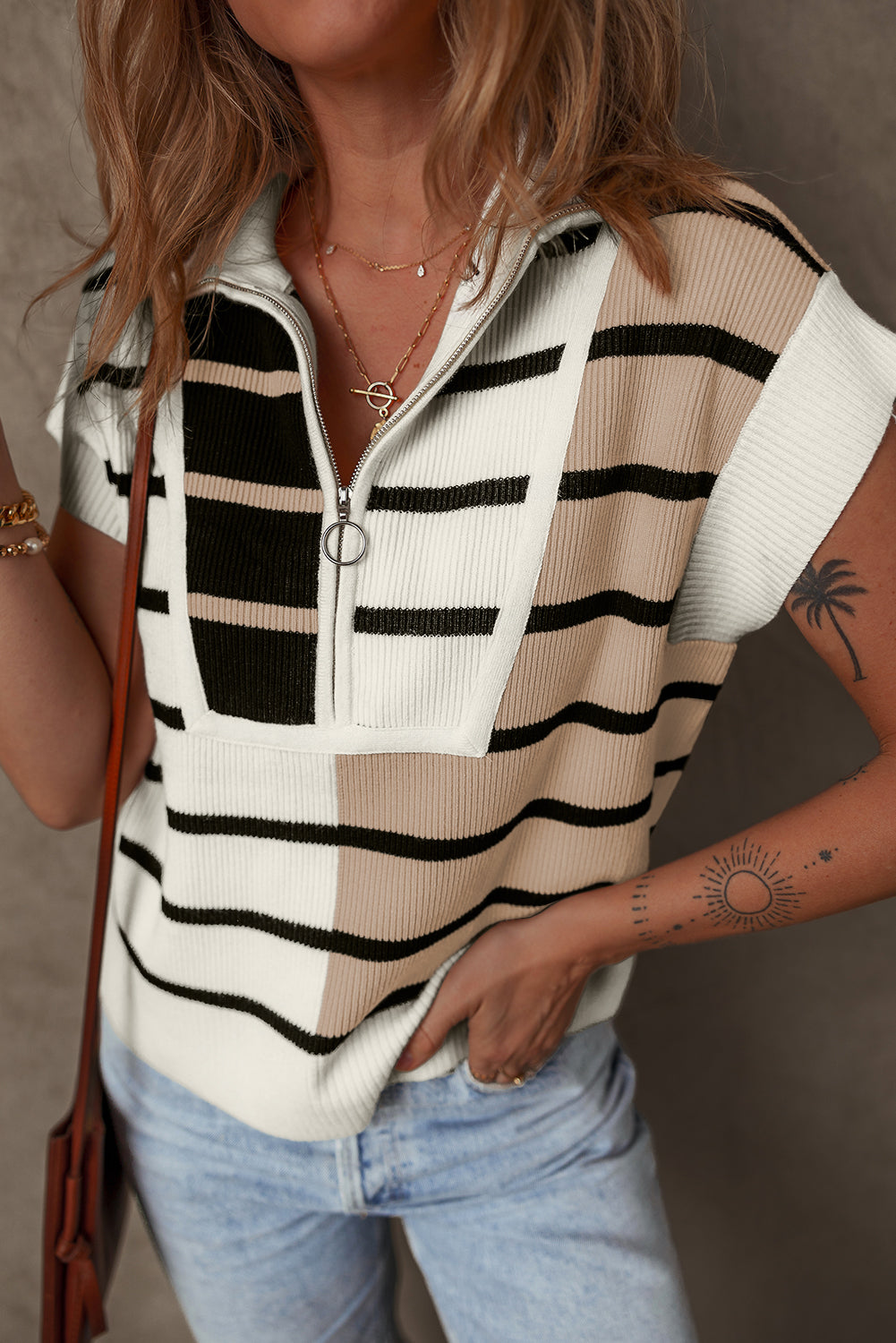 Colorblock Quarter Zip Collar Sweater Vest