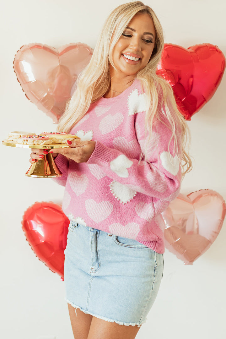 Pearled Heart Print Valentines Crew Neck Sweater