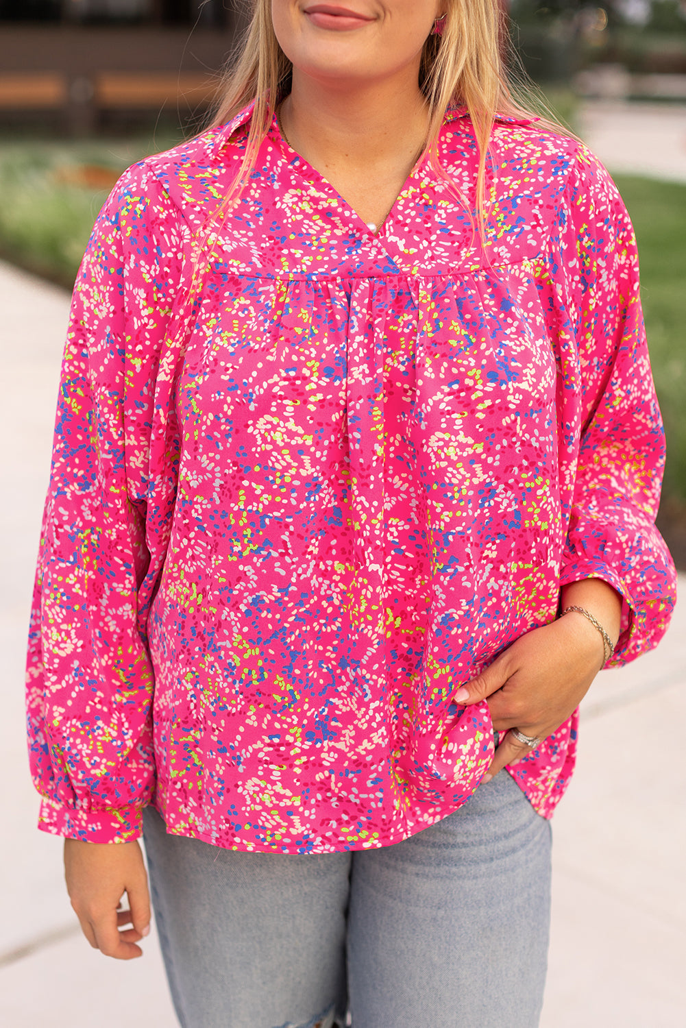 Plus Size Floral Print Puff Sleeve V Neck Blouse