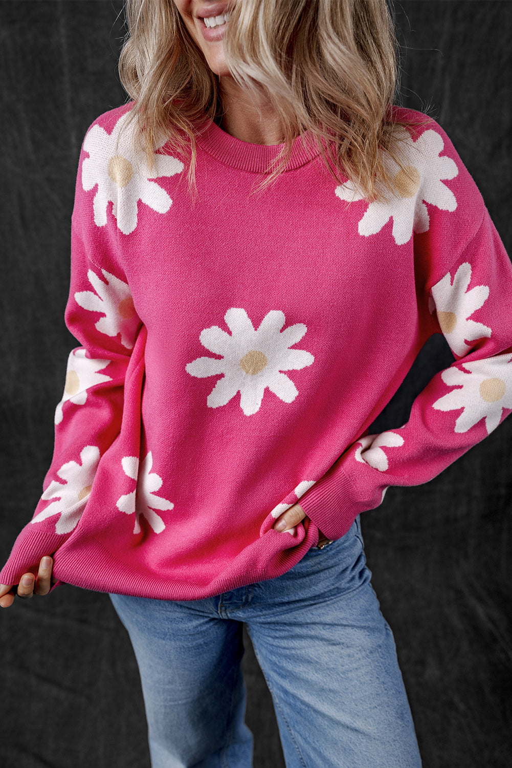 Daisy Flower Crew Neck Long Sleeve Sweater