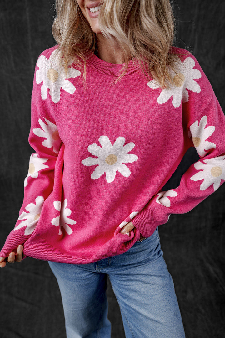 Daisy Flower Crew Neck Long Sleeve Sweater