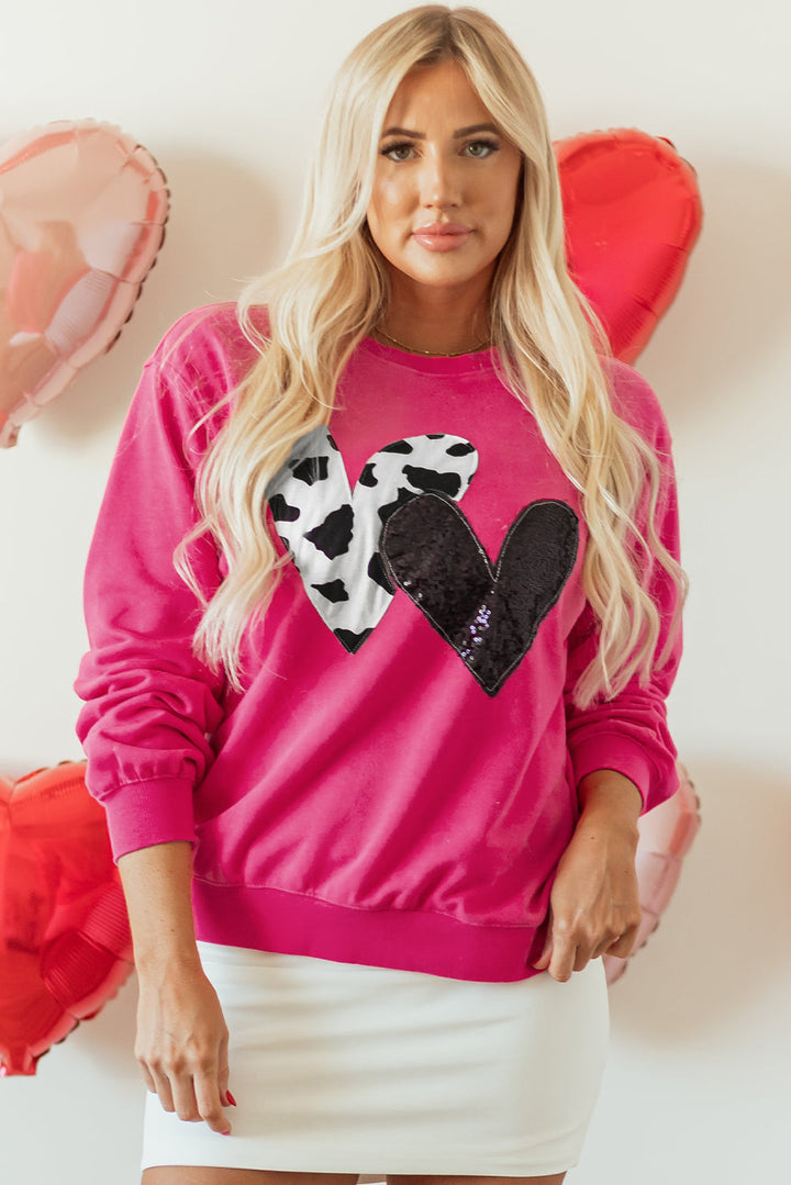 Cow & Sequin Double Heart Patch Graphic Sweatshirt